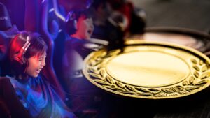 eスポーツで喜ぶ選手たちと金メダルのイメージ